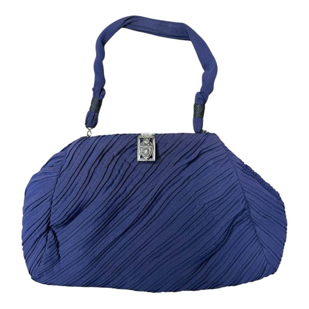 Vintage 1950s Navy Blue Pleated Evening Bag Formal Purse with Ornate Clasp Satin